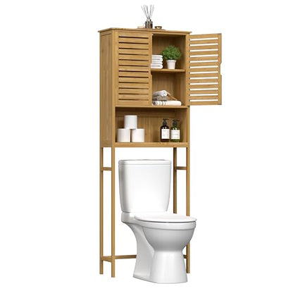 Yardenaler Over-The-Toilet Storage Shelf with Doors, Bathroom Freestanding Bamboo Organizer Space Saver with Adjustable Shelf, Natural - color: Natural