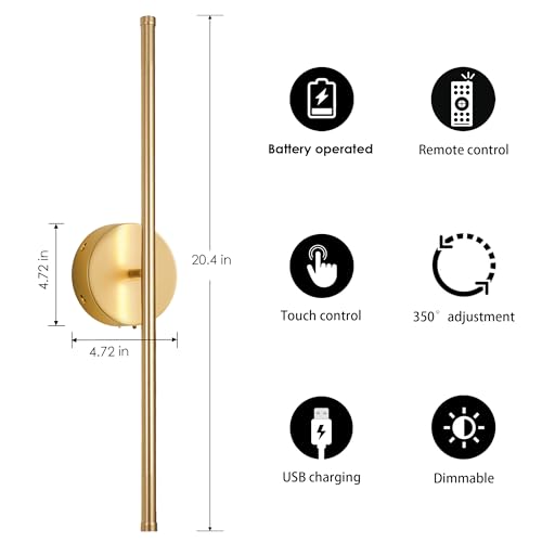 KARTOOSH Battery Operated Wall Sconces Set of Two Wireless Wall Lights | Rechargeable Wall Sconce with Remote 350°Rotate Dimmable 3000K LED Wall Lamp for Living Room, Bedroom - color: Gold, size: 20.4 Inches