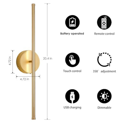 KARTOOSH Battery Operated Wall Sconces Set of Two Wireless Wall Lights | Rechargeable Wall Sconce with Remote 350°Rotate Dimmable 3000K LED Wall Lamp for Living Room, Bedroom - color: Gold, size: 20.4 Inches
