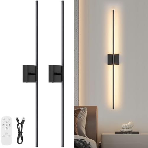 Wall Sconces Set of Two with Remote Control, 39.4 in Dimmable Black Battery Operated Wall Lights, 350° Ratation 3000K-6000K LED Wireless Rechargeable Sconce for Bathroom, Living Room, Bedroom - color: Black, size: 39.4in(2 Pack)