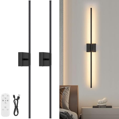 Wall Sconces Set of Two with Remote Control, 39.4 in Dimmable Black Battery Operated Wall Lights, 350° Ratation 3000K-6000K LED Wireless Rechargeable Sconce for Bathroom, Living Room, Bedroom - color: Black, size: 39.4in(2 Pack)