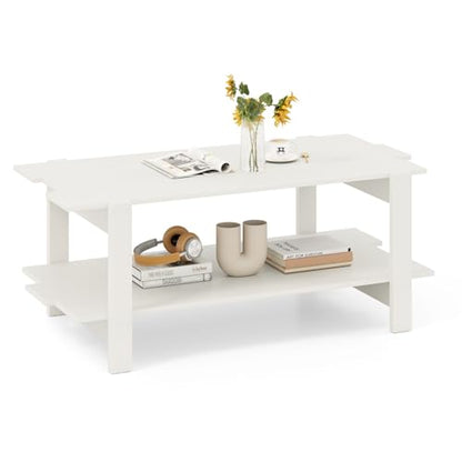 Giantex Coffee Table with Storage, 45 Inch Modern Center Table with Slatted Design & Side Rail Support, Rectangular Living Room Table for Small Spaces, White - color: White