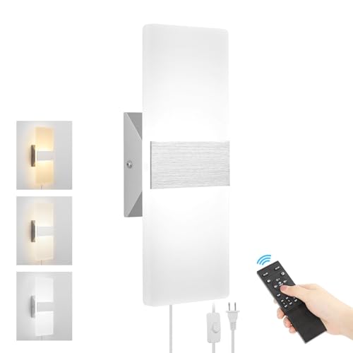 GOODATE Plug in Wall Sconces with Stepless Adjustable 3000K-6500K Colors and 10%-100% Brightness, Sconces Wall Lighting with Remote Control 12W Acrylic LED Wall Lamp with 6FT Plug in Cord, 1 Pack - size: 1 PACK, Silver