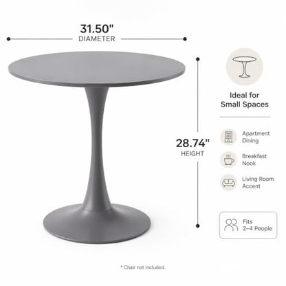 31.5" Grey Round Dining Table, Tulip Pedestal Dining Table for 2-4 | Small Space Dining Table with Grey MDF Round Top, Tulip Pedestal Base, Seats 2-4 for Apartments and Breakfast Nooks - color: Grey