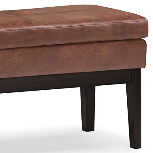 SIMPLIHOME Carlson Ottoman Bench - 45 inch Wide Upholstered Vegan Leather Rectangle Ottoman in Distressed Saddle Brown, Mid Century Modern Bench for Bedroom or Living Room with Padded Seat - color: Brown, style: Ottoman Bench