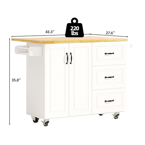 4 EVER WINNER 43" Kitchen Island with Drop Leaf, Rolling Kitchen Island | Modern Design, 4 Wheels, 3 Storage Drawers, Spice Rack & Towel Rack, for Kitchen Dining Room, White - style: Modern