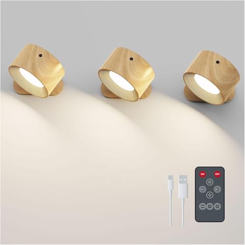 Deyagoo 3PACK LED Wall Sconce, Rechargeable Wall Light with Remote-Wood | 3 Colors, Dimmable, Magnetic Rotating Head, 360 Degree Rotate - color: Wood-D