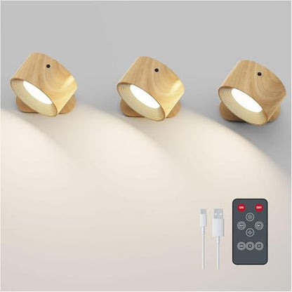 Deyagoo 3PACK LED Wall Sconce, Rechargeable Wall Light with Remote-Wood | 3 Colors, Dimmable, Magnetic Rotating Head, 360 Degree Rotate - color: Wood-D