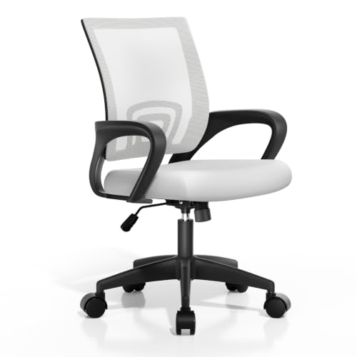 Office Chair, Ergonomic Mid-Back Mesh Desk Chair, White | Lumbar Support, Adjustable Height, Rolling Wheels, Comfy Armrest, For Work, Study, Gaming - color: White