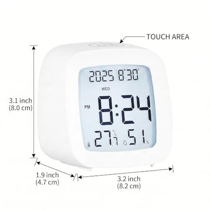 Digital Alarm Clock with Backlight, Snooze, Temp & Humidity Display,White | Time, Date & Weekday Temperature & Humidity Touch Backlight 5-Minute Snooze,Battery Operation Long Battery Life