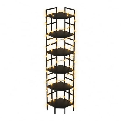 Corner Shelf, 6 Tier Industrial Corner Bookshelf Bookcase, Black | 76.8"Inch Tall,USB LED Light,Anti-Tip Protection, Plant Stand for Living Room, Kitchen, Home Office
