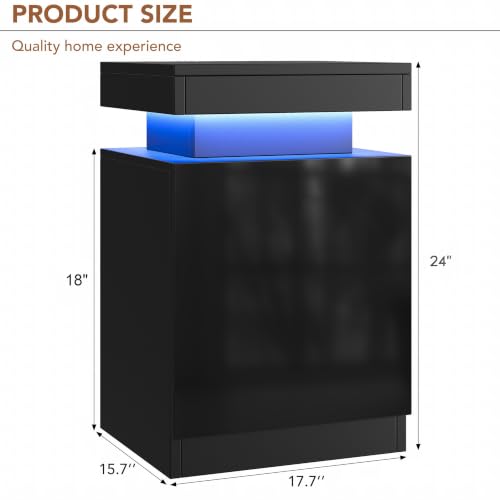 LED Nightstands Set of 2, 17 Inches Night Stand Set 2, Modern Bedside Table with LED Lights, High Gloss Surface, End Table with Storage for Bedroom, Black - color: Black-17"