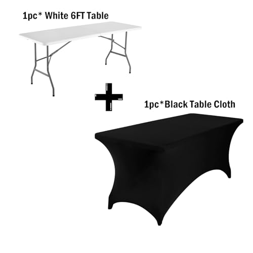 6 ft Plastic Folding Table with Nylon Tablecloth and Carry Handle | 71 x 28 x 29 in, heavy-duty frame, quick setup, picnic, party, dining and camping use - size: 6ft Folding Table + Tablecloth