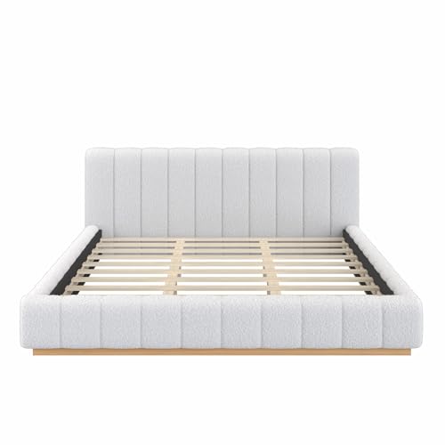 Majnesvon King Size Upholstered Bed Frame, Soft Boucle Bed Frame with Headboard, Low Profile White Platform Bed with Wood Base - size: King (U.S. Standard)