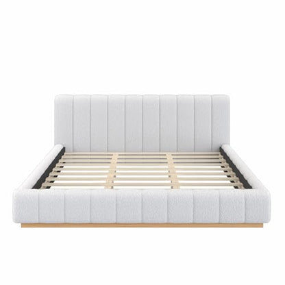 Majnesvon King Size Upholstered Bed Frame, Soft Boucle Bed Frame with Headboard, Low Profile White Platform Bed with Wood Base - size: King (U.S. Standard)