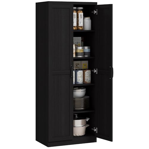 HOMCOM 63" 2-Door Kitchen Pantry 5-Tier Black Wood Grain | Freestanding Storage Cabinet, Shelving, 2 Adjustable Shelves, for Dining Room - color: Black