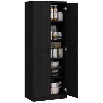 HOMCOM 63" 2-Door Kitchen Pantry 5-Tier Black Wood Grain | Freestanding Storage Cabinet, Shelving, 2 Adjustable Shelves, for Dining Room - color: Black