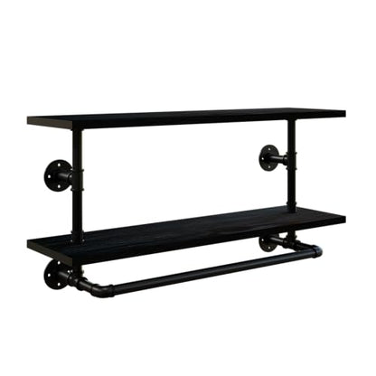 Clothes Rack 36in, 2-Tier Wall Mounted Garment Rack with Real Wood Shelf, Heavy Duty Hanging Clothes Rack, Multi-Purpose Hanging Rod, Space-Saving Closet Storage - color: Black, size: 2T36IN