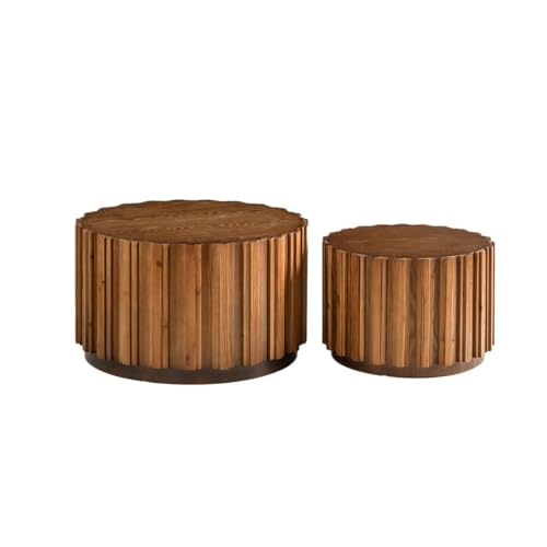 WILLIAMPSACE Round Nesting Coffee Table Set of 2, Rustic Farmhouse Wooden Drum Center Tables with Vertical Slatted Body, Tea Table for Living Room Apartment, No Assembly (19.7"+27.5", Walnut) - color: 19.7"+27.5", Walnut