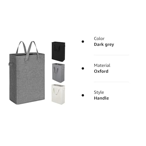 ZJL Narrow Laundry Hamper, Skinny Laundry Basket, 45L Dark Grey, 24" | Slim Laundry hamper for Small Spaces laundry bag with handle, Foldable clothes hampers for laundry basket organizer - color: Dark Gray- With Handles