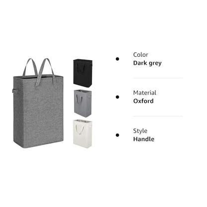ZJL Narrow Laundry Hamper, Skinny Laundry Basket, 45L Dark Grey, 24" | Slim Laundry hamper for Small Spaces laundry bag with handle, Foldable clothes hampers for laundry basket organizer - color: Dark Gray- With Handles
