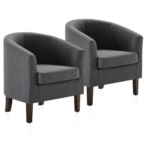 BELLEZE Living Room Chairs Set of 2, Linen Round Accent Barrel Chairs, Club Tub Sofa Chairs for Bedroom, Corner Chairs with Flared Legs and Cozy Soft Padding - Highland (Gray) - color: Grey, style: Set of 2 Barrel Chair