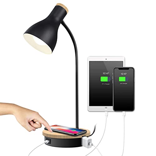 LALISU Metal Desk Lamp Wireless Charging Table Lamp Touch Reading Lights Arc Desk Lamps for Bedroom, 3 Way Dimmable Bedside Lamp with USB Charging Ports Lamp for Study Room and Office (Black) - color: Black