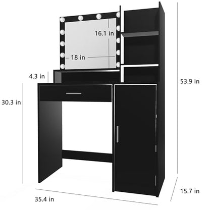 Palimder Vanity Desk with Mirror & Light, Large Drawer Three Level Storage Dresser, 3 Lighting Modes Adjustable Brightness, Bedroom Dressing Table - color: Black