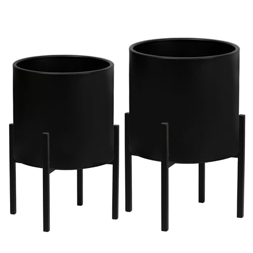 ARNIS Modern Plant Pots, Set of 2 Large Planters with Stand, Decorative Planters, Metal Pots with Drainage Holes for Living Room, Office, Garden or Balcony, 8.25 &10.5 Inch, Blcak - color: Black, size: 8.25 &10.5