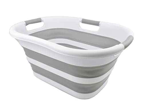 SAMMART 30L (7.9 gallon) Collapsible Plastic Laundry Basket - Foldable Pop Up Storage Container/Organizer - Portable Washing Tub - Space Saving Hamper/Basket (1, White/Grey) - color: White/Grey