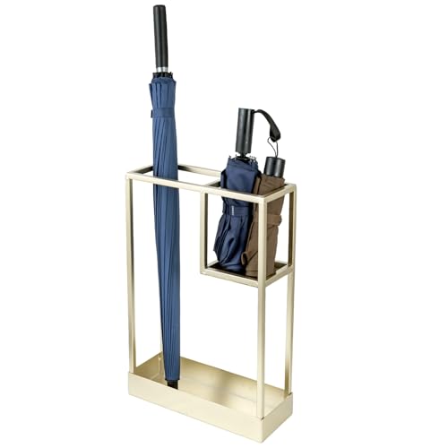 MyGift Modern Brass Tone Metal Entryway Umbrella Rack with Geometric Design, 13 x 5-inch Wide Rectangular Freestanding Cane Umbrella Holder with Shelf for Small Umbrellas and Bottom Drip Catch Tray - color: Brass, size: 13.4″(Rectangle)