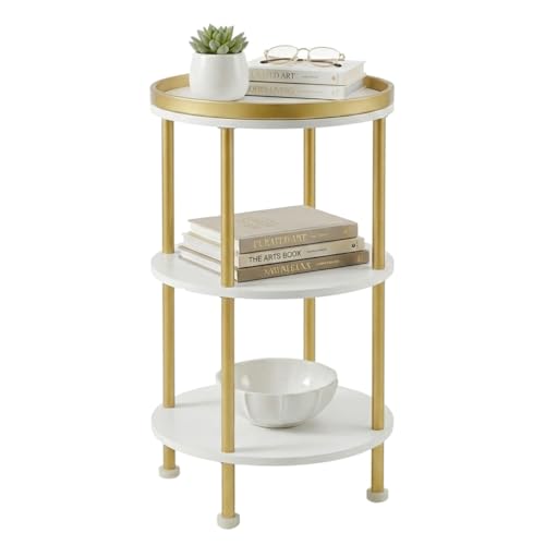 Small Round Side Table, White & Gold, 3-Tier Modern Side Table | Gold Round End Table with White Shelves, Nightstand for Bedroom, Living Room, Dorm, Nursery, 21.7" H Narrow Gold Accent Table - color: White + Gold, style: Classic