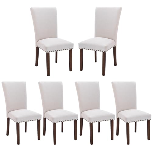 COLAMY Upholstered Dining Chairs Set of 6, Parsons Style Side Chairs with Nailhead Trim and Solid Wood Legs, Comfortable Linen Fabric for Kitchen & Dining Room – Beige - size: set of 6
