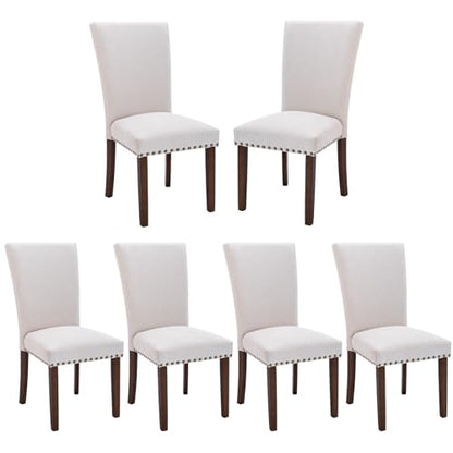 COLAMY Upholstered Dining Chairs Set of 6, Parsons Style Side Chairs with Nailhead Trim and Solid Wood Legs, Comfortable Linen Fabric for Kitchen & Dining Room – Beige - size: set of 6