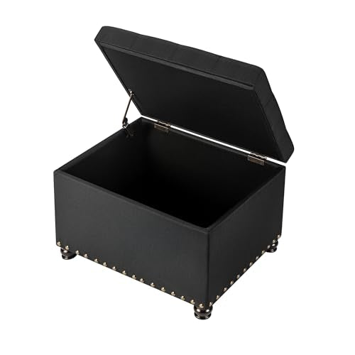 24" Storage Ottoman, Fabric Ottoman Foot Rest Stool with Hinged Lid, Tufted Rectangle Upholstered Footstool, Load Up to 350 lb, for Living Room, Bedroom, Dorm, Black - color: Fabric Black
