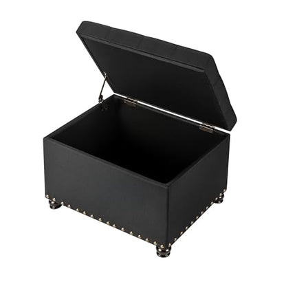 24" Storage Ottoman, Fabric Ottoman Foot Rest Stool with Hinged Lid, Tufted Rectangle Upholstered Footstool, Load Up to 350 lb, for Living Room, Bedroom, Dorm, Black - color: Fabric Black