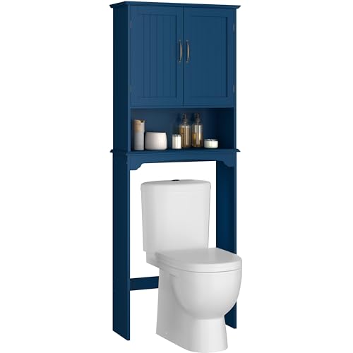 Yaheetech Over the Toilet Storage Cabinet, Bathroom Organizer, Navy Blue | Adjustable Shelf Frees Up Floor Space, Open Compartment, Beadboard Doors, Holds Towels, Anti-Tip Kit Included - color: Navy Blue