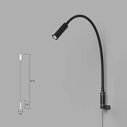 Wall Mounted Reading Light Touch Switch Dimmable LED 3W Warm White 3000K AC Adaptor (Black)