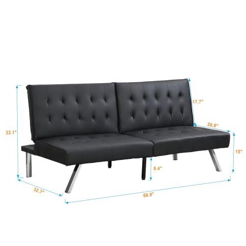 Convertible Futon Sofa Bed, Modern 68'' Fabric Sleeper Couch for Living Room,Guest Bed, Adjustable Backrest, Upholstered Recliner Chair, Loveseat for Compact Small Space Living Room (Black) - color: Black