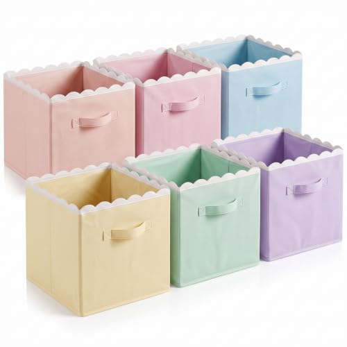 Yalikop 6 Pcs Pastel Scalloped Cube Storage Bins 11 Inch Fabric Storage Basket with Handle Collapsible Clothes Closet Organizer Bin for Classroom Books Toy Box Nursery School Organizing - color: Pastel