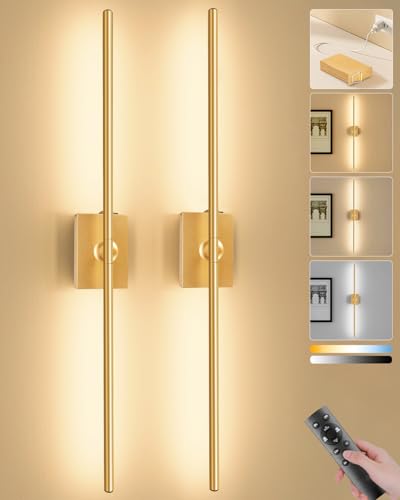 Battery Operated Wall Sconces Set of 2, 10000mAh Wireless Rechargeable 3000-6000K Dimmable 350° Rotate Wall Light with Remote for Living Room, Bedroom 23.6in Gold - color: Gold, size: 23.6in-Square Base