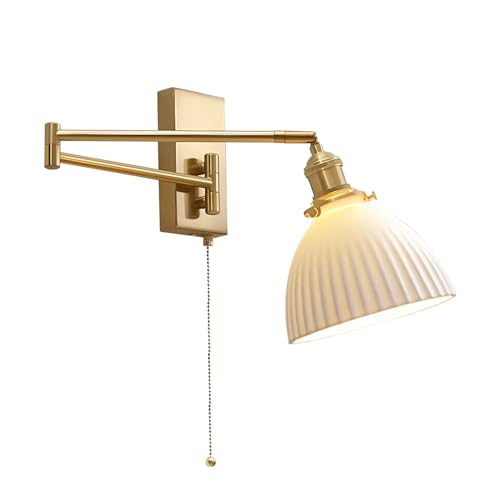 1-Light Bathroom Wall Sconce Modern Farmhouse Gold Swing Arm Wall Sconce Milk Glass Wall Lamp with Pull Chain Single Brushed Brass Wall Mount Light Hardwired Wall Light Fixtures MWL14D-1 - color: D-1Pack