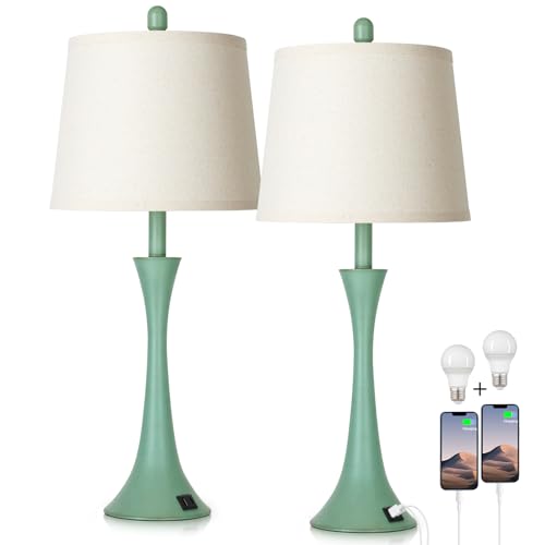 Rinweey Coastal Modern Green Table Lamps Set of 2 for Living Room, 27.5" Tall Bedside Lamp with USB Charging Port,3-Way Dimmable Touch Nightstand Lamp for Bedroom Desk Side Table Office,Green - color: Green(2 Pack)