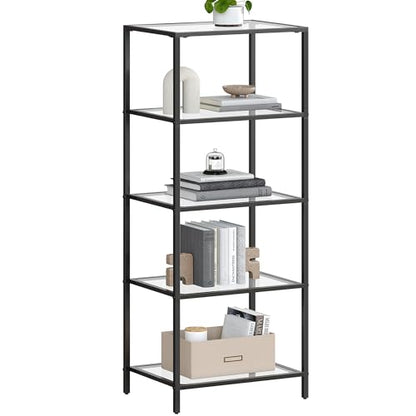 VASAGLE Bookcase, 5-Tier Bookshelf, Slim Shelving Unit for Bedroom, Bathroom, Home Office, Tempered Glass, Steel Frame, Ink Black ULGT029B61 - color: Ink Black, size: 5 Tiers (15.7"W x 49"H)