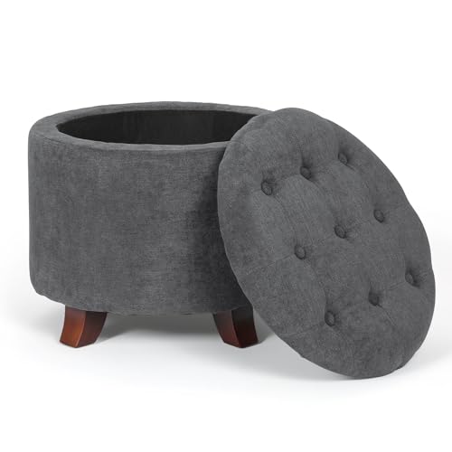 Athena Collection 20 Inch Small Ottoman with Storage, Round Linen Fabric Storage Ottoman with Removable Lid, Stylish Footstool Foot Rest for Living Room, Bedroom, Dorm, Dark Grey - color: Dark Grey, size: 20"D x 20"W x 17"H