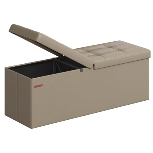 SONGMICS MAZIE Collection - 43 Inches Storage Ottoman Bench with Flipping Lid, Storage Chest with Iron Frame Support, Load 660 lb, for Living Room, Bedroom, Synthetic Leather, Camel Brown ULSF075K03 - color: Camel Brown, size: 15"D x 43"W x 15"H, style: C