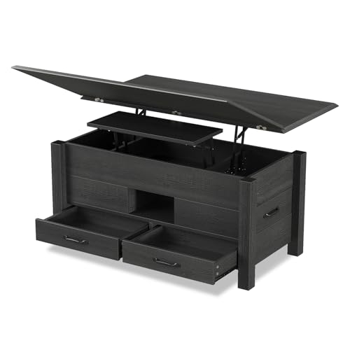 39.4" Lift Top Coffee Table 180° Flip Convertible Center with 4 Drawers Hidden Storage Silent Gas Multi-Function Rising Workstation for Living Room Apartment Home Office Black