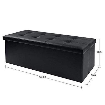 Camabel 43 Inch Folding Storage Ottoman Bench 125L Hold up 700lbs Ottoman with Storage Chest Foam Seat Padded Foot Rest Stool Faux Leather Bedroom Bench with Storage Coffee Table Black - color: Black