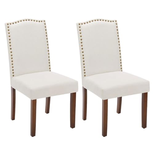 Kitchen Chairs Set of 2 Modern Upholstered Fabric Seat with Nailhead Trim and Ergonomic Lumbar Support for Living Room and Rustic Farmhouse Dining Area, Beige - color: Ivory, style: set of 2