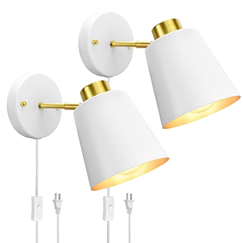 Plug in Wall Sconces, Rotatable Angle White Wall Lamp with Plug in Cord Metal Vintage Industrial Wall Mounted Light Reading Light for Bedroom Bedside Doorway(2 Pack) - color: White